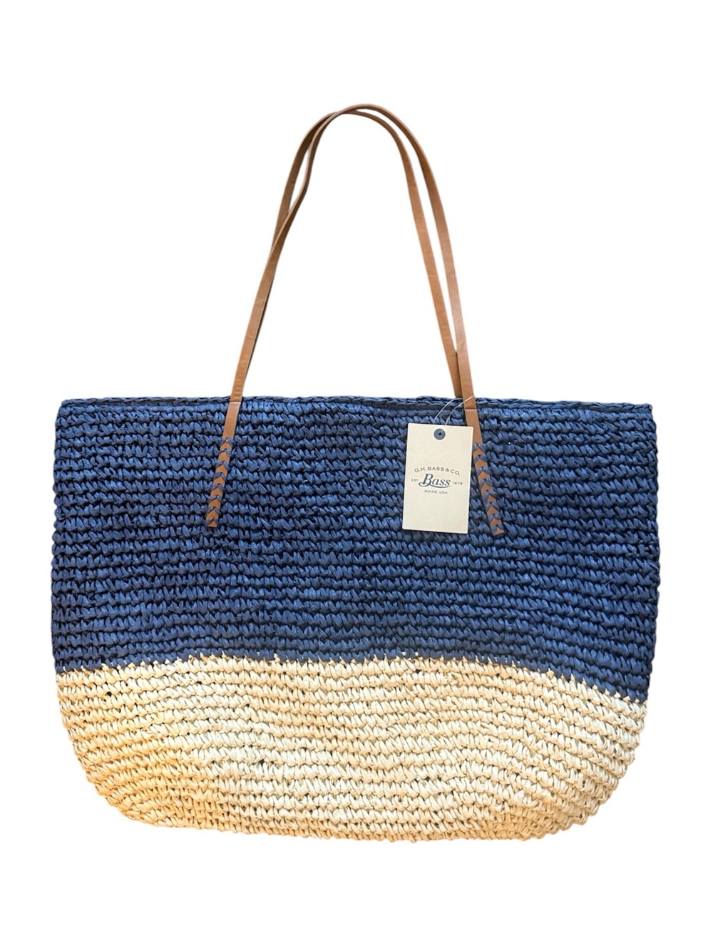 G.H. Bass Navy & Natural Woven Straw Tote Bag Leather Shoulder Straps NWT